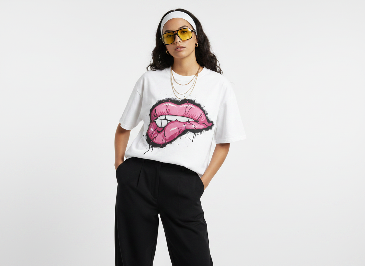 Pink Lip Bite Graphic Tee | Pastel Graffiti Streetwear Shirt | Goth Y2K Oversized Tee