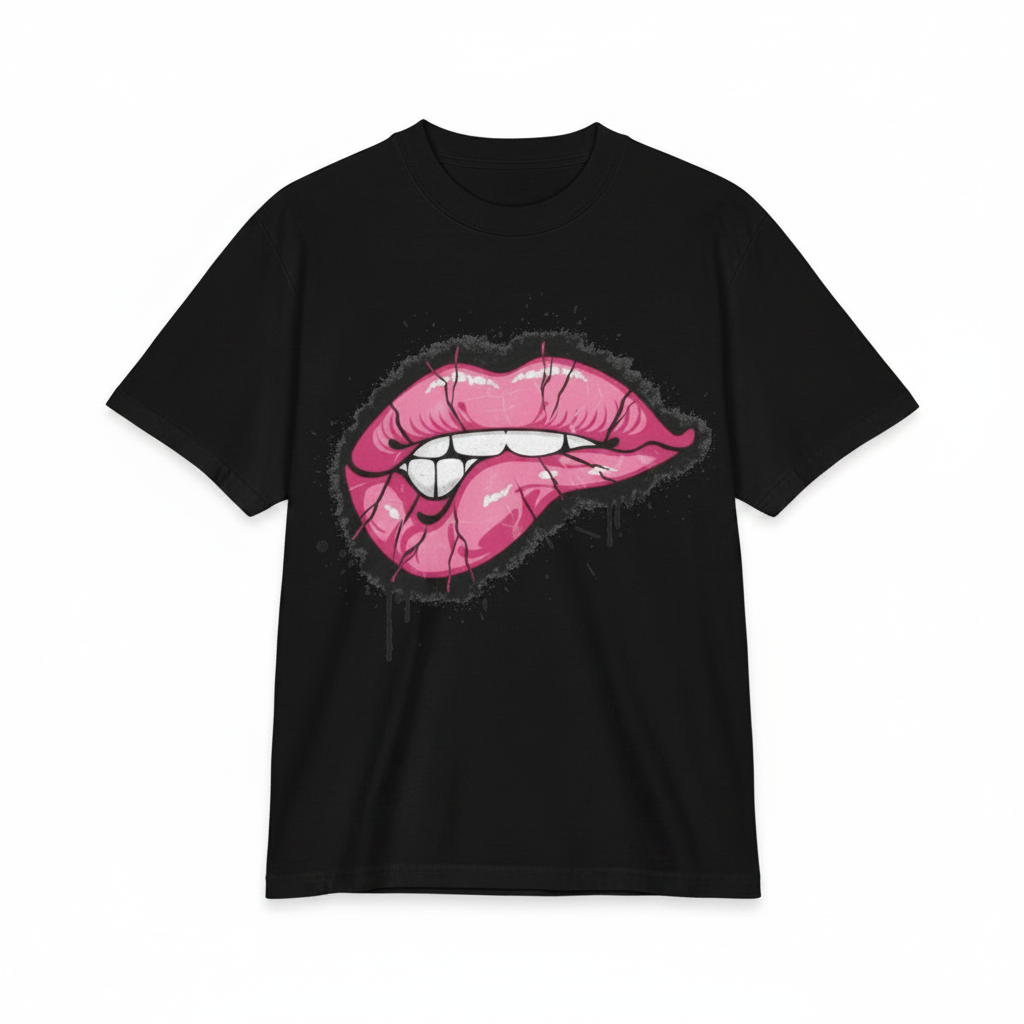 Pink Lip Bite Graphic Tee | Pastel Graffiti Streetwear Shirt | Goth Y2K Oversized Tee