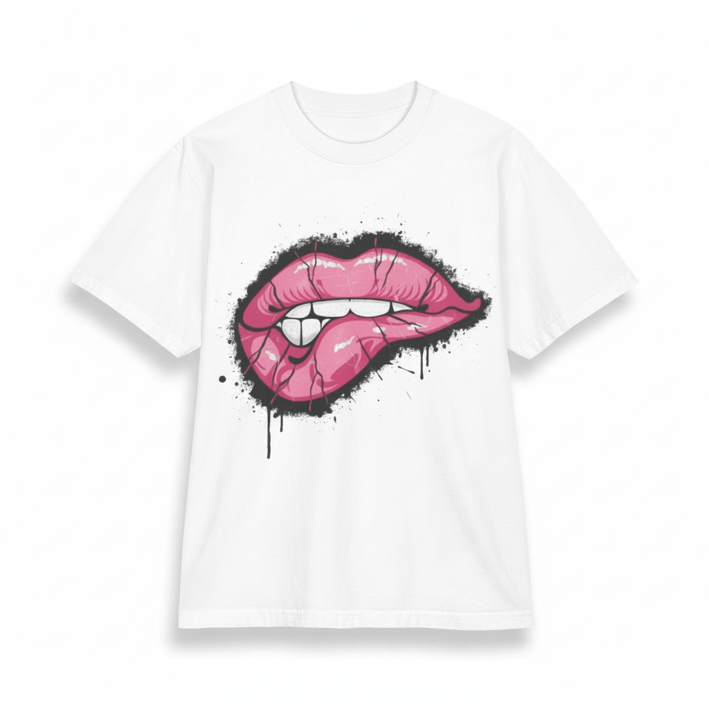 Pink Lip Bite Graphic Tee | Pastel Graffiti Streetwear Shirt | Goth Y2K Oversized Tee