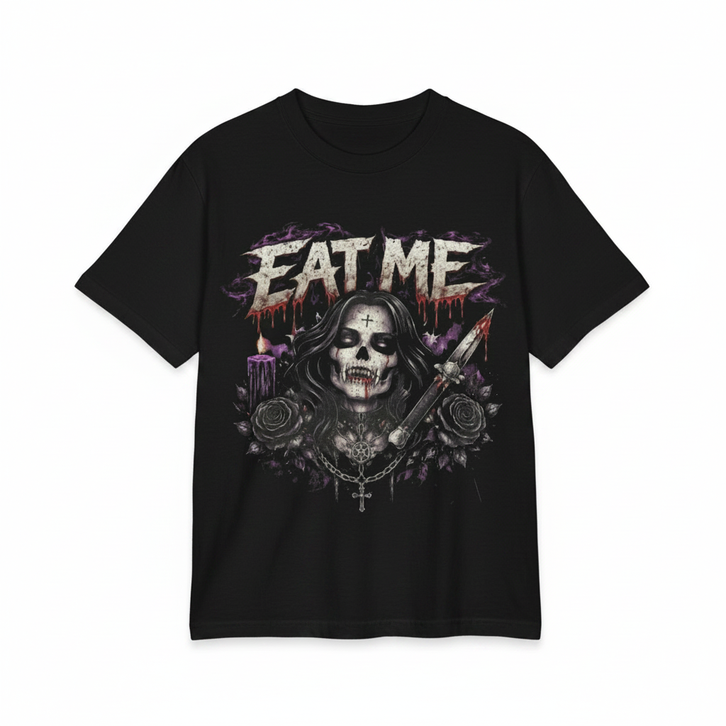 Death Bride Eat Me Graphic Tee | Grim Reaper Horror Streetwear Shirt | Goth Oversized Tee