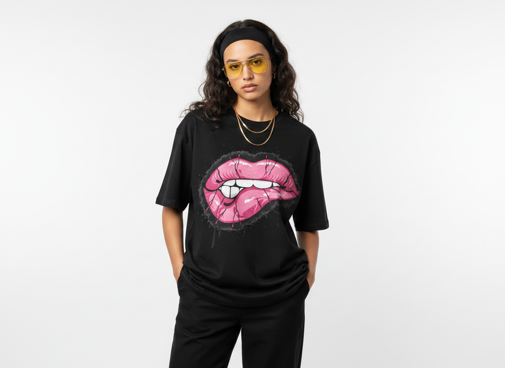 Pink Lip Bite Graphic Tee | Pastel Graffiti Streetwear Shirt | Goth Y2K Oversized Tee