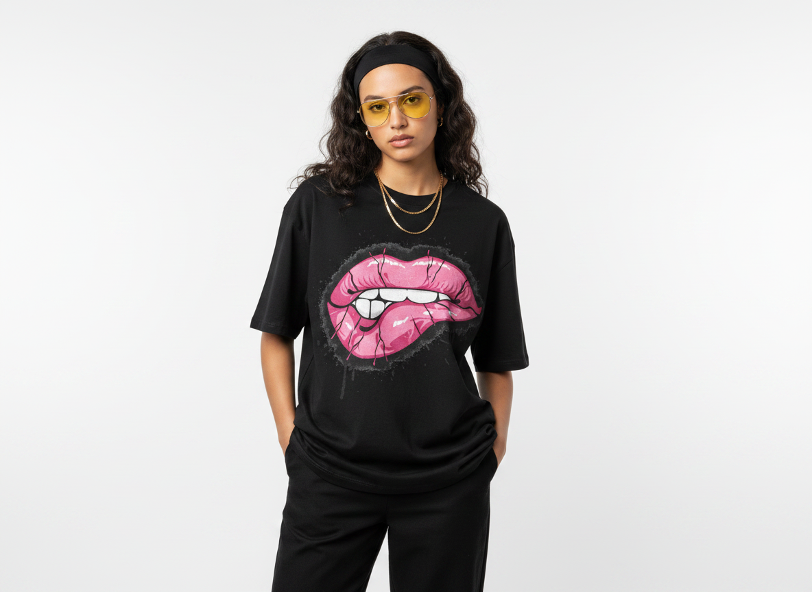 Pink Lip Bite Graphic Tee | Pastel Graffiti Streetwear Shirt | Goth Y2K Oversized Tee