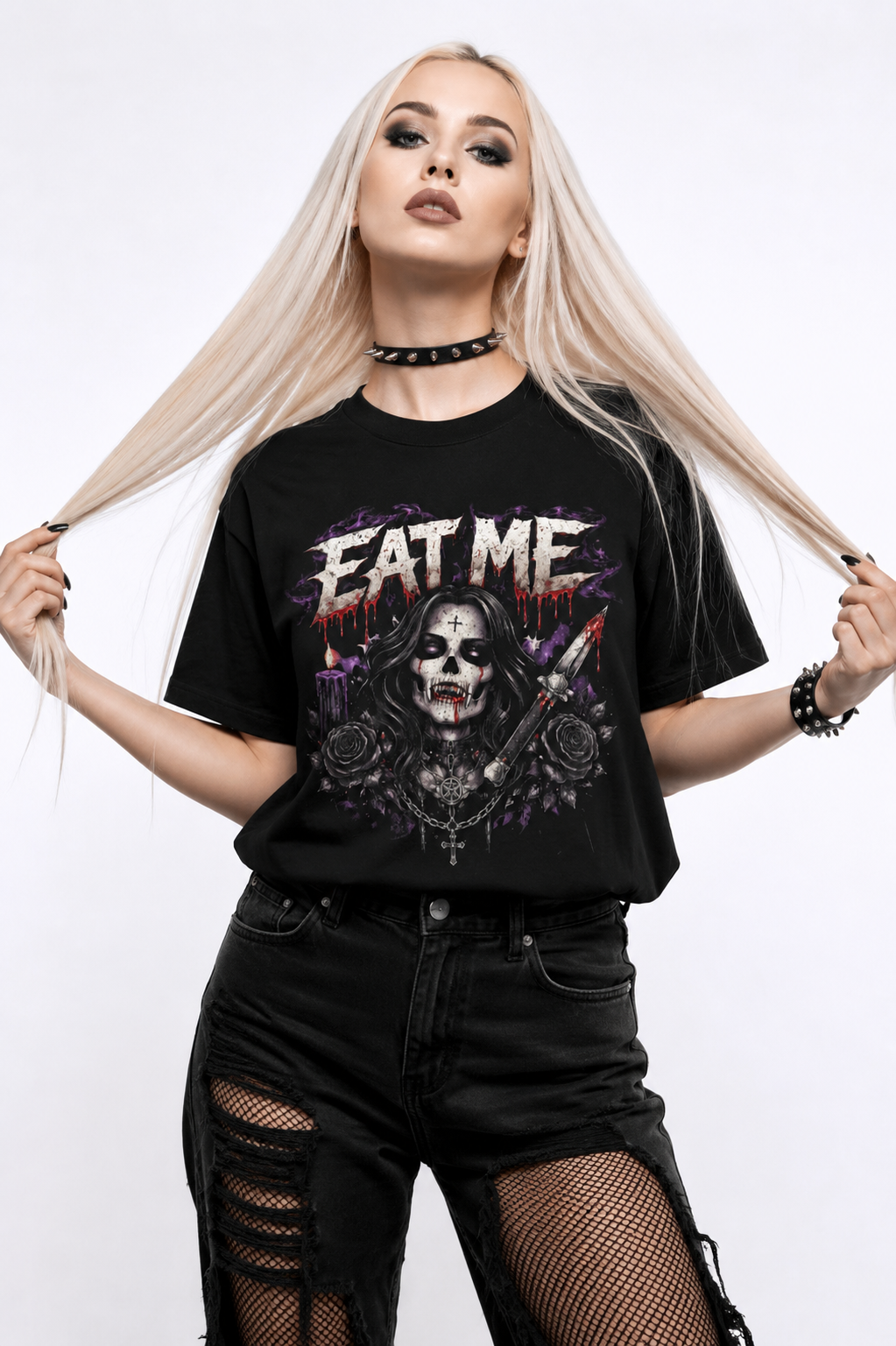 Death Bride Eat Me Graphic Tee | Grim Reaper Horror Streetwear Shirt | Goth Oversized Tee