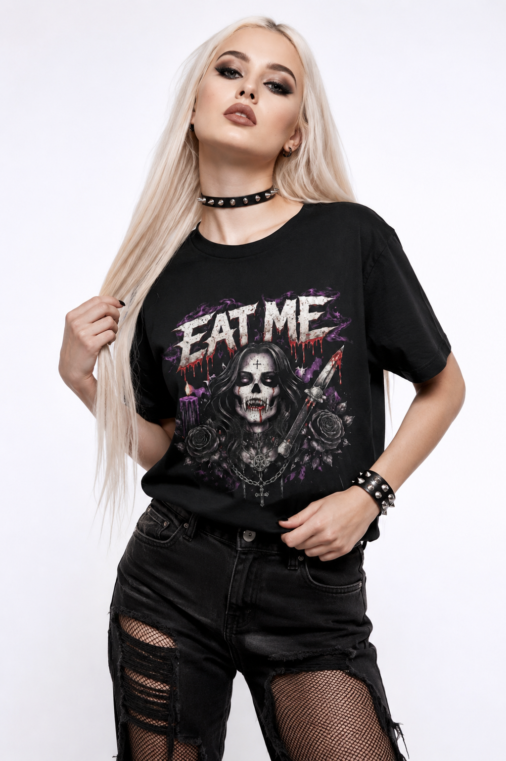 Death Bride Eat Me Graphic Tee | Grim Reaper Horror Streetwear Shirt | Goth Oversized Tee